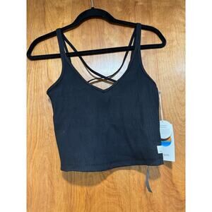 Vuori Rib Crop Tank Black V-Neck Strappy Cross Back Built-In Bra NWT Size Small